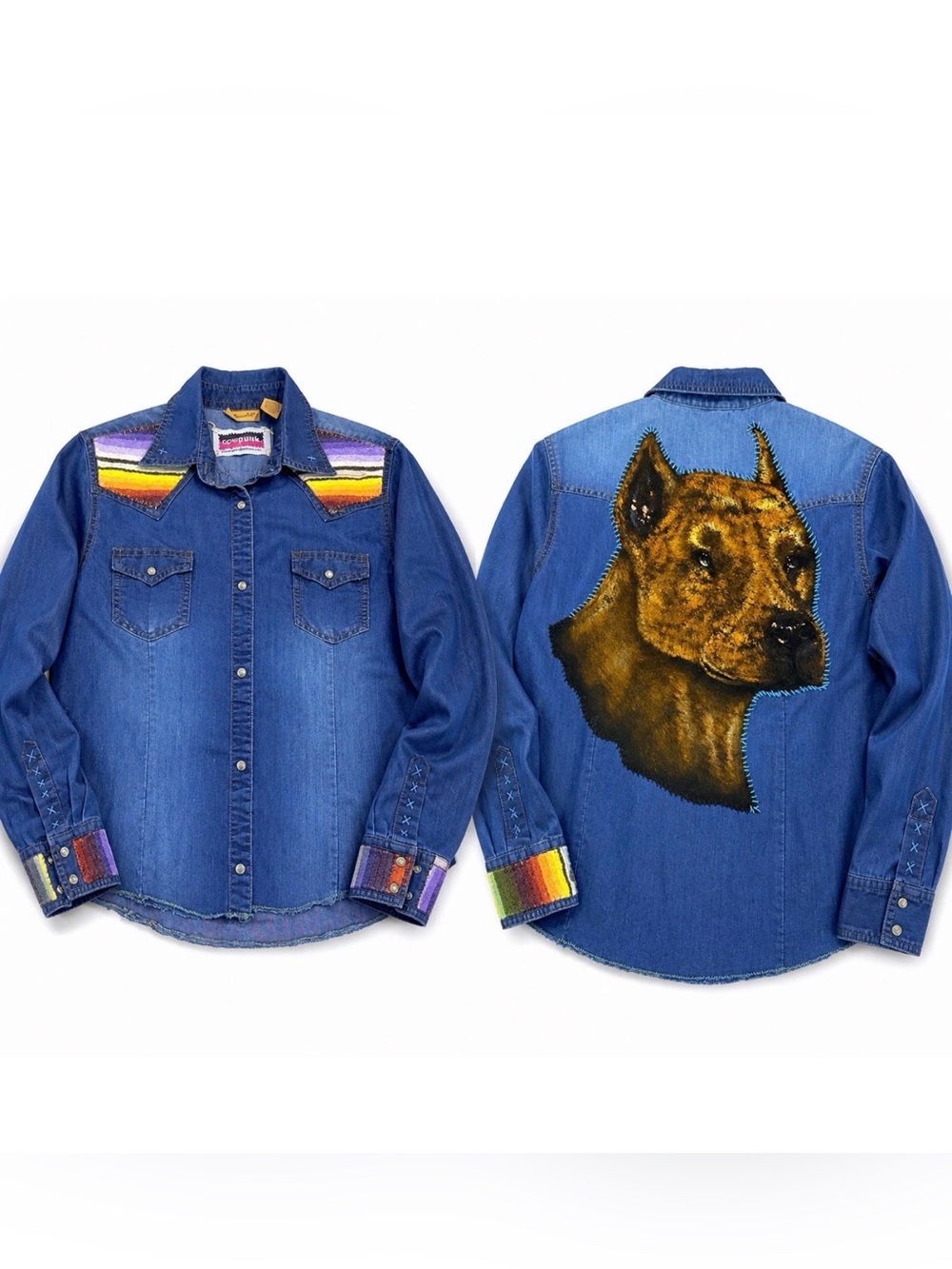 Women’s Wrangler x Cowpunk Western Upcycled Shirt Hand-painted Dog Appliqué Sz S